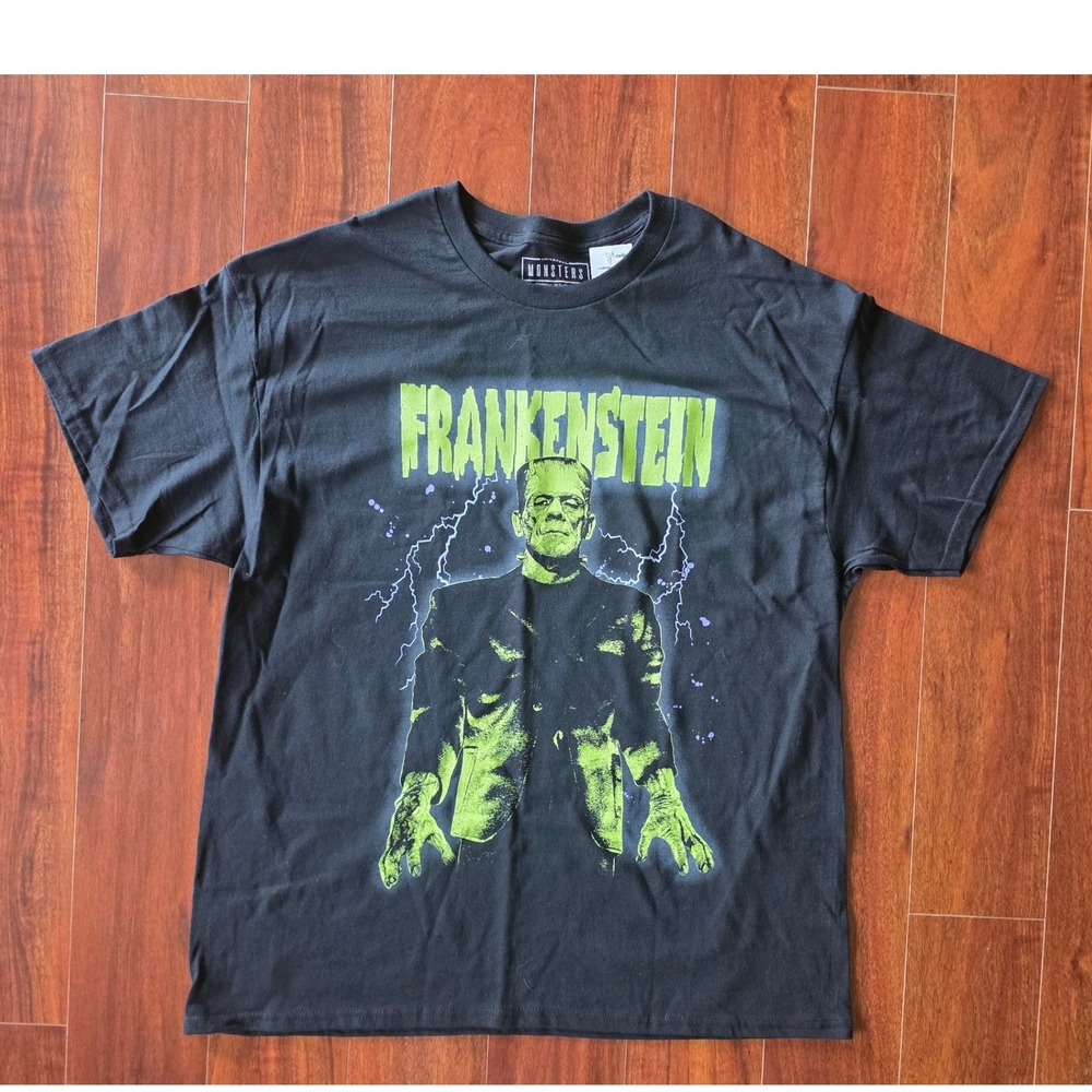 Universal Monsters Frankenstein Graphic T-Shirt Mens Black Neon Green Horror Tee